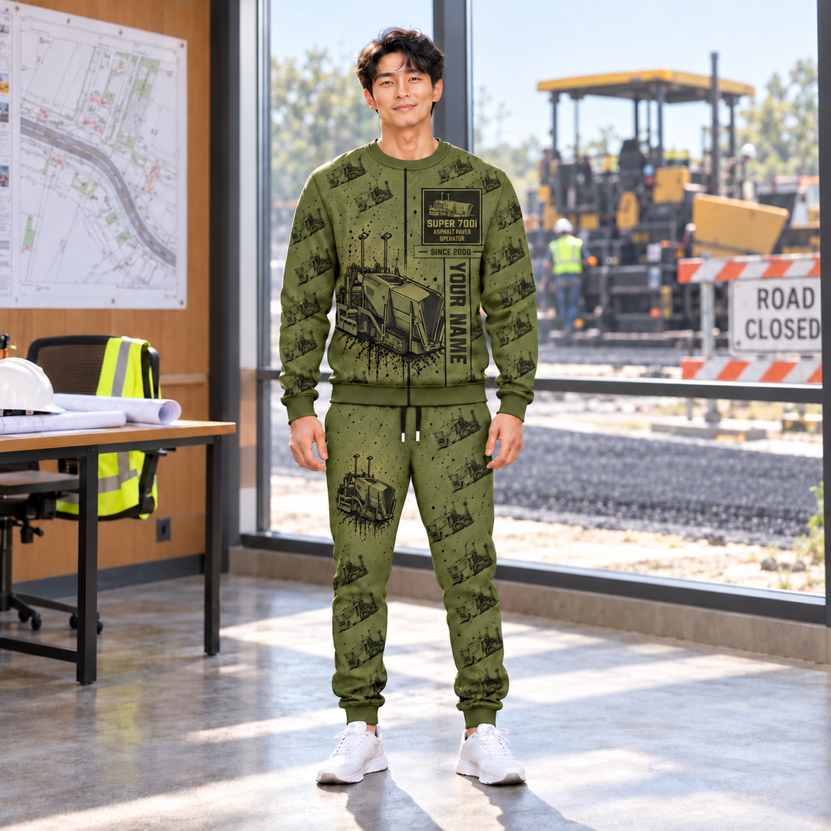 Personalized SUPER 700i Asphalt Paver Operator Combo Sweater + Jogger in Olive, sweater and jogger artwork with YOUR NAME and SINCE 2000 sample text.