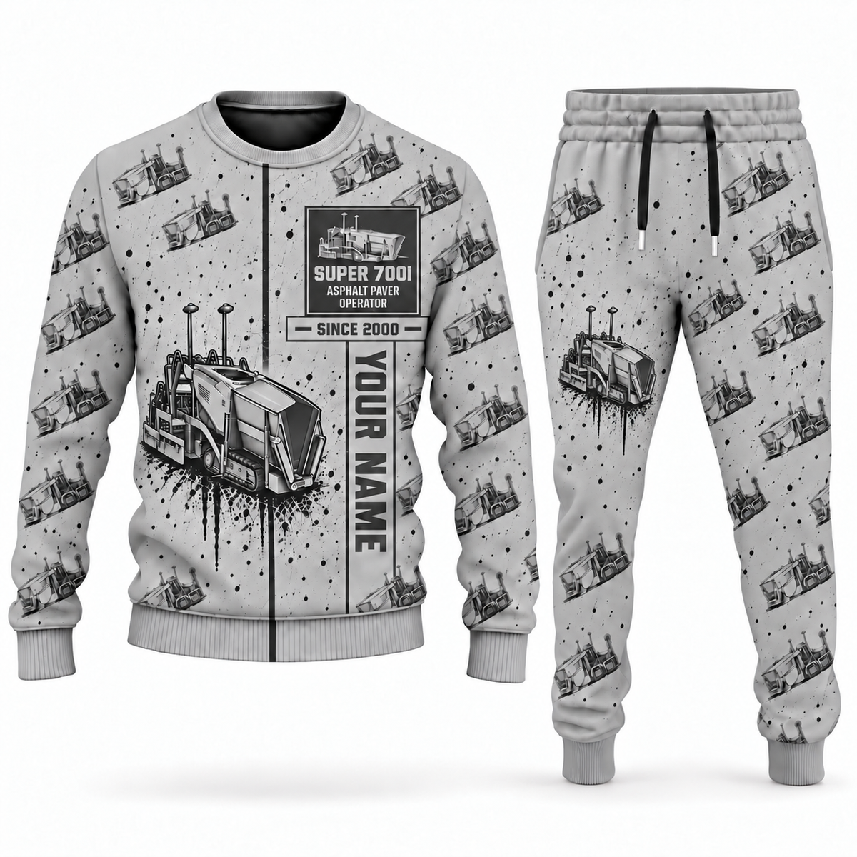 Personalized SUPER 700i Asphalt Paver Operator Combo Sweater + Jogger in lightgray, sweater and jogger artwork with YOUR NAME and SINCE 2000 sample text.