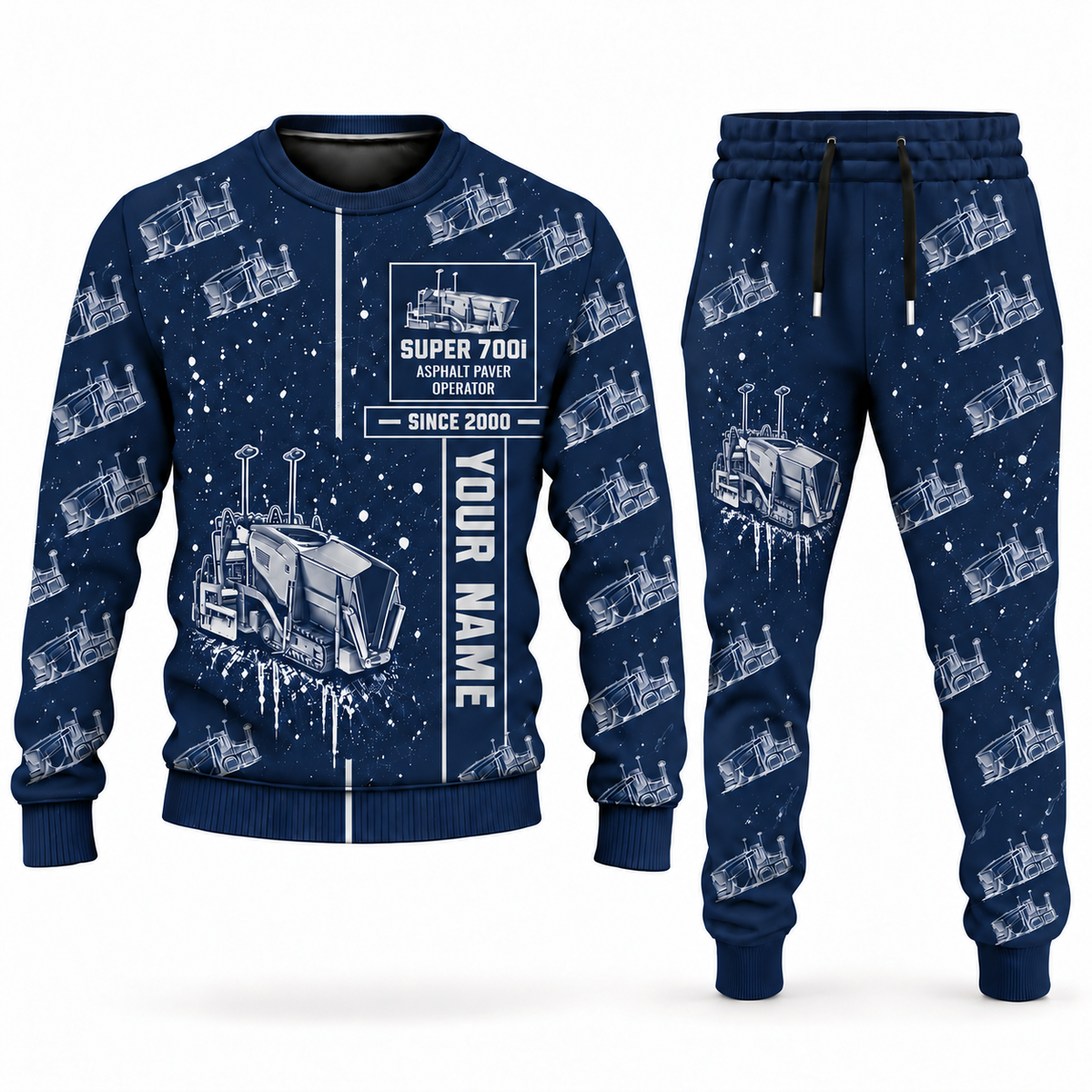 Personalized SUPER 700i Asphalt Paver Operator Combo Sweater + Jogger in navy, sweater and jogger artwork with YOUR NAME and SINCE 2000 sample text.