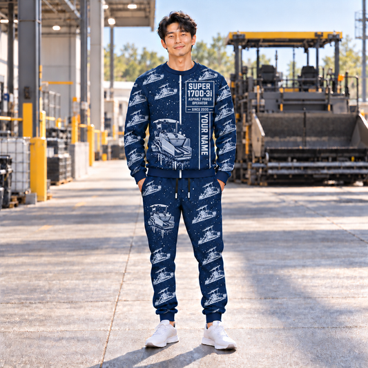 Personalized SUPER 1700-3i Asphalt Paver Operator Combo Sweater + Jogger in Navy, sweater and jogger artwork with YOUR NAME and SINCE 2000 sample text.