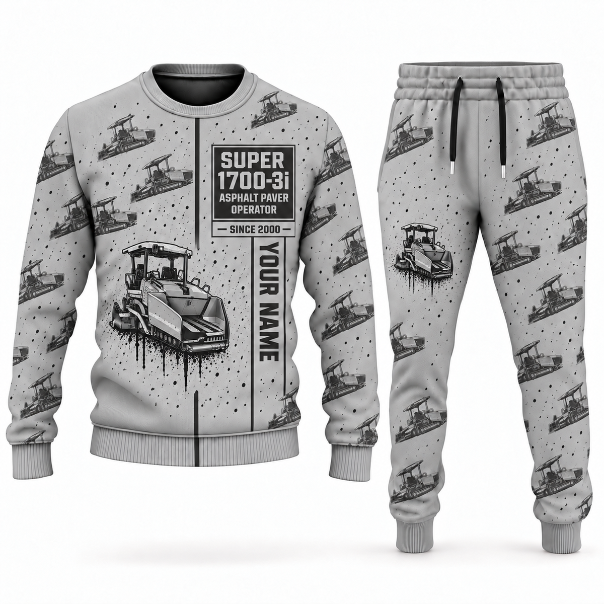 Personalized SUPER 1700-3i Asphalt Paver Operator Combo Sweater + Jogger in lightgray, sweater and jogger artwork with YOUR NAME and SINCE 2000 sample text.