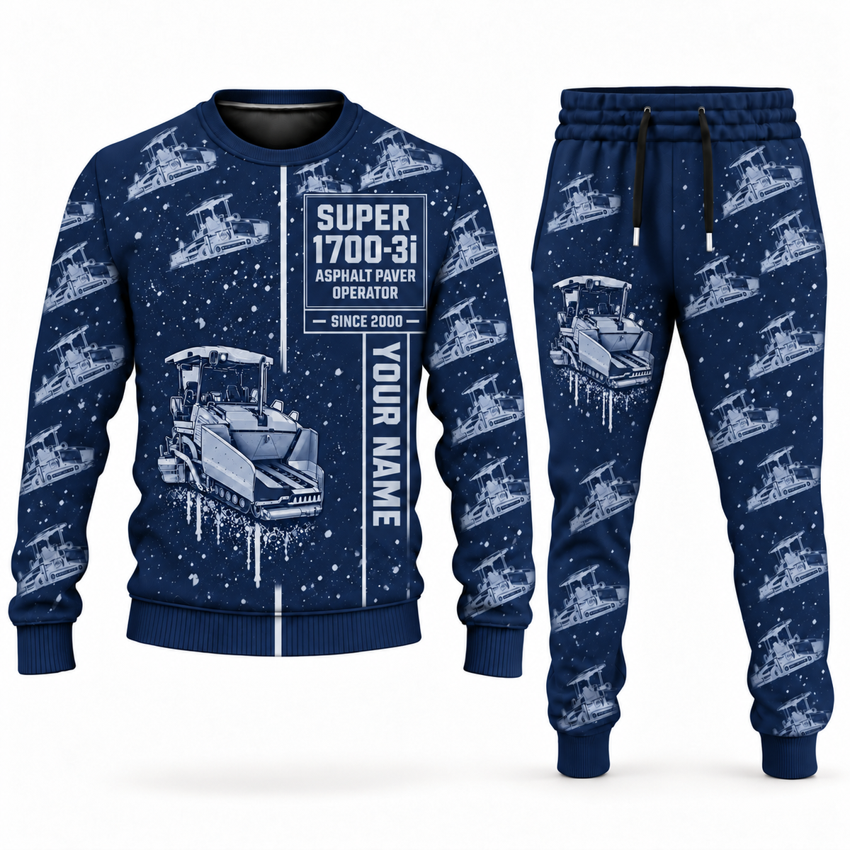 Personalized SUPER 1700-3i Asphalt Paver Operator Combo Sweater + Jogger in navy, sweater and jogger artwork with YOUR NAME and SINCE 2000 sample text.