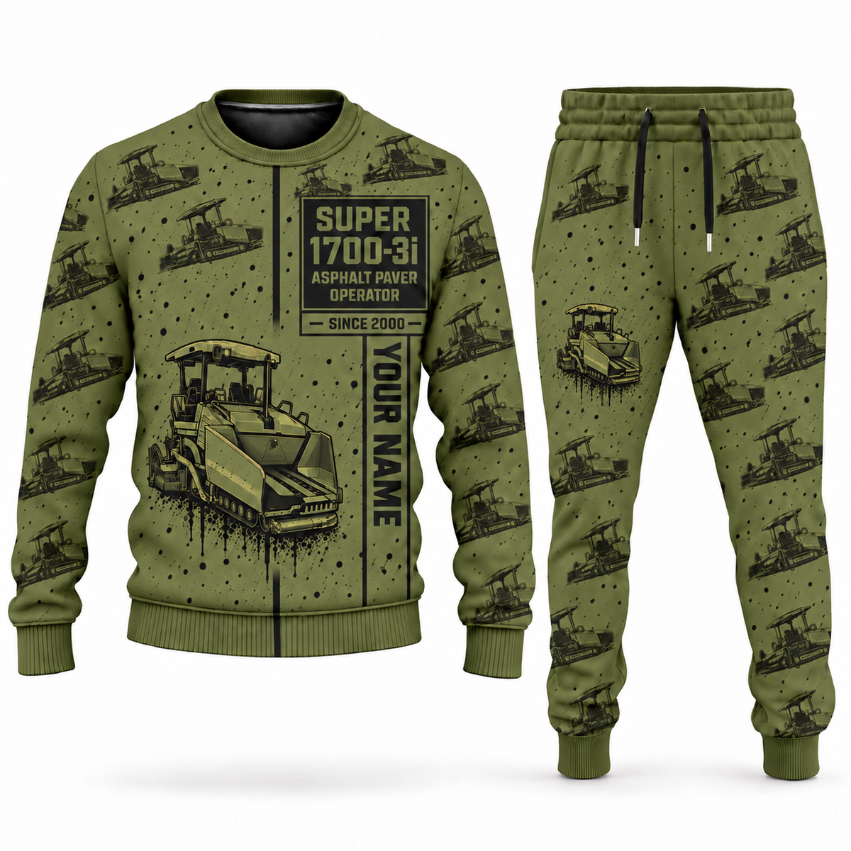 Personalized SUPER 1700-3i Asphalt Paver Operator Combo Sweater + Jogger in olive, sweater and jogger artwork with YOUR NAME and SINCE 2000 sample text.