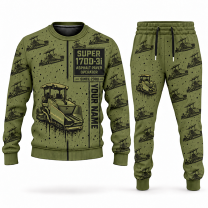 Personalized SUPER 1700-3i Asphalt Paver Operator Combo Sweater + Jogger in olive, sweater and jogger artwork with YOUR NAME and SINCE 2000 sample text.