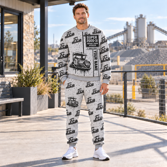 Personalized SUPER 2000-3i Asphalt Paver Operator Combo Sweater + Jogger in Light Gray, sweater and jogger artwork with YOUR NAME and SINCE 2000 sample text.