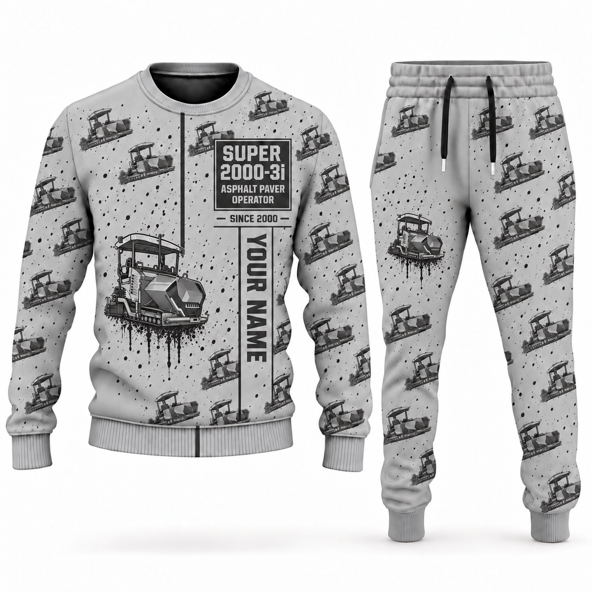 Personalized SUPER 2000-3i Asphalt Paver Operator Combo Sweater + Jogger in lightgray, sweater and jogger artwork with YOUR NAME and SINCE 2000 sample text.