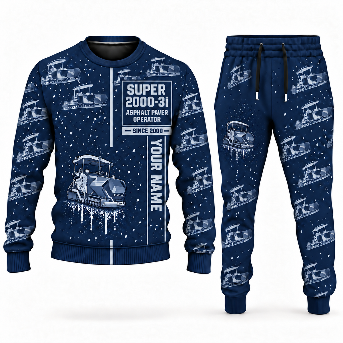 Personalized SUPER 2000-3i Asphalt Paver Operator Combo Sweater + Jogger in navy, sweater and jogger artwork with YOUR NAME and SINCE 2000 sample text.