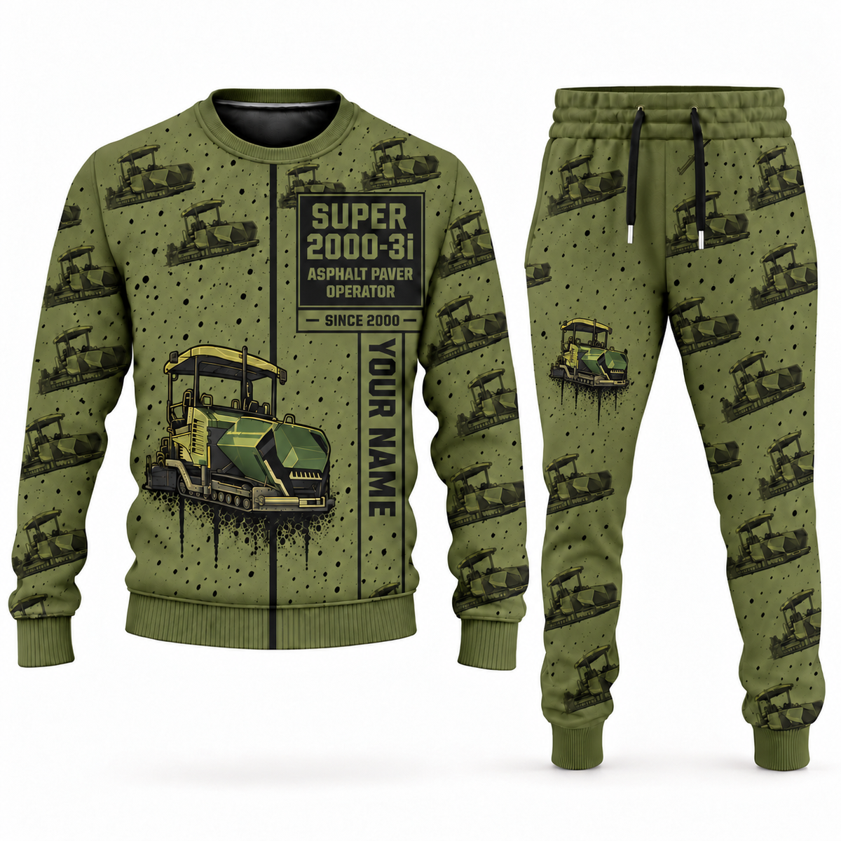 Personalized SUPER 2000-3i Asphalt Paver Operator Combo Sweater + Jogger in olive, sweater and jogger artwork with YOUR NAME and SINCE 2000 sample text.