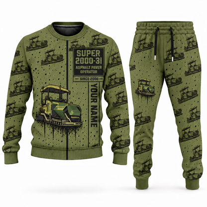 Personalized SUPER 2000-3i Asphalt Paver Operator Combo Sweater + Jogger in olive, sweater and jogger artwork with YOUR NAME and SINCE 2000 sample text.