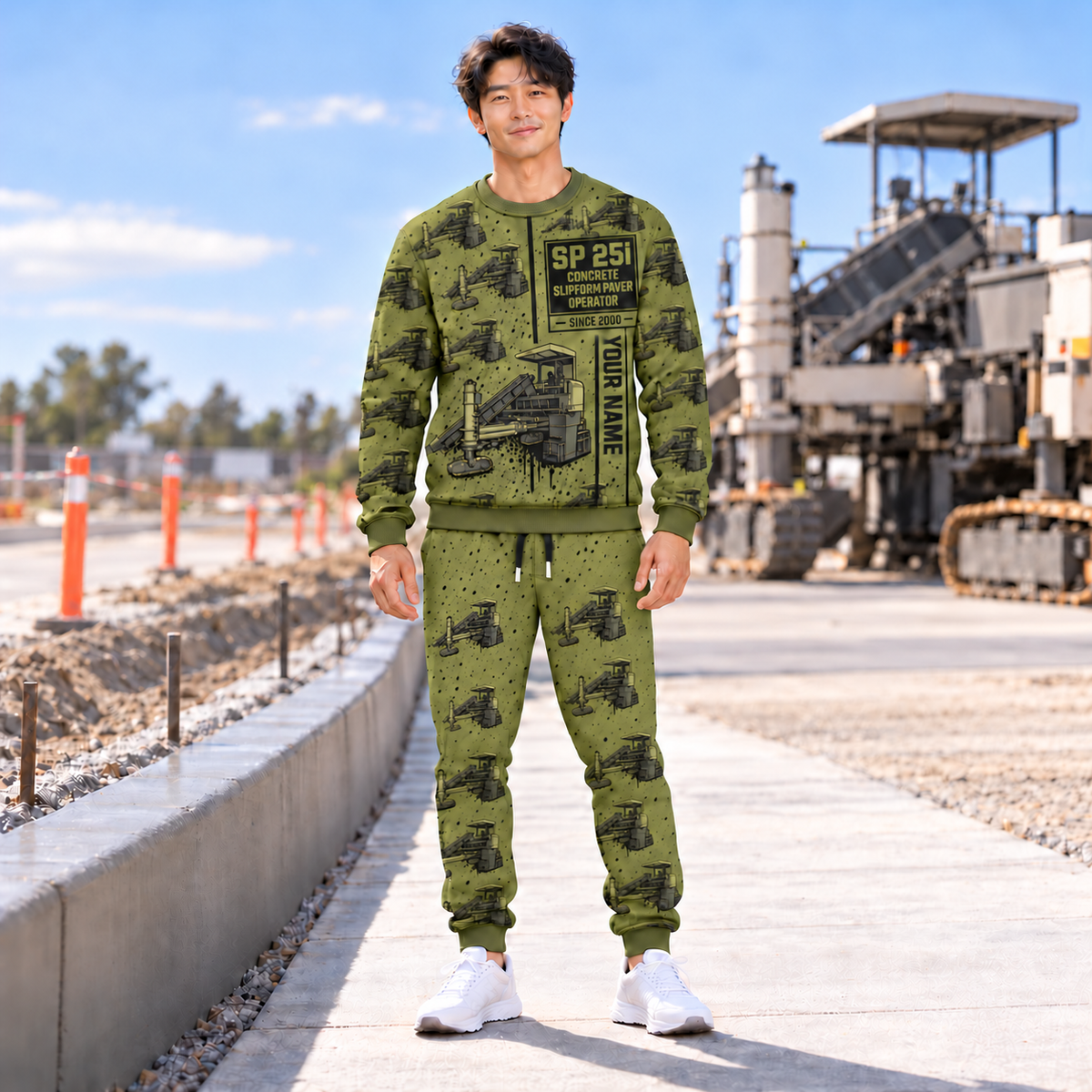 Personalized SP 25i Concrete Slipform Paver Operator Combo Sweater + Jogger in Olive, sweater and jogger artwork with YOUR NAME and SINCE 2000 sample text.