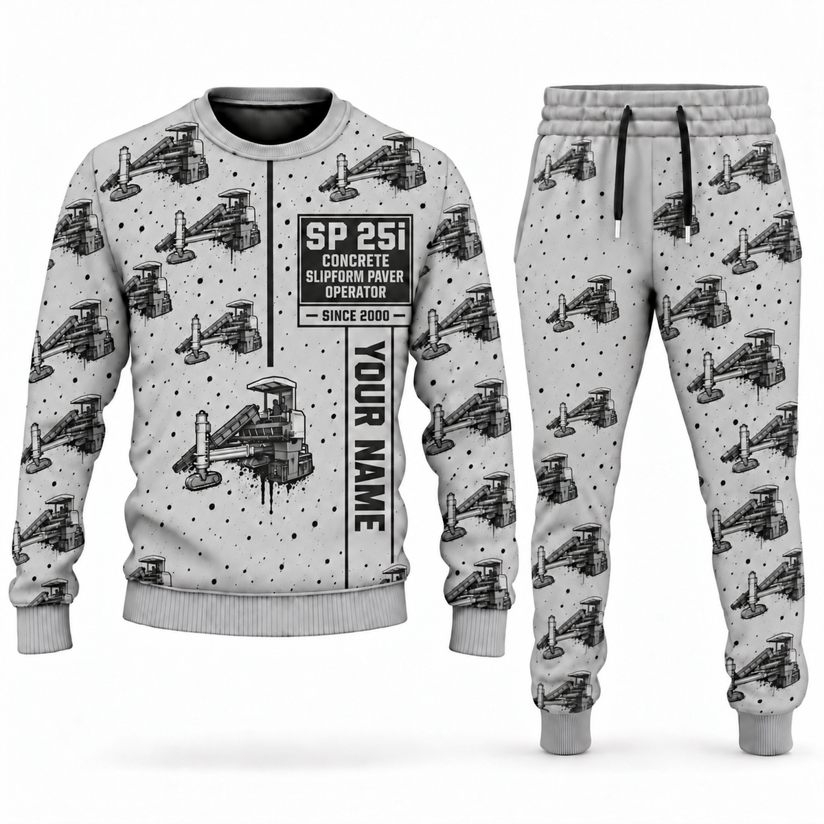 Personalized SP 25i Concrete Slipform Paver Operator Combo Sweater + Jogger in lightgray, sweater and jogger artwork with YOUR NAME and SINCE 2000 sample text.
