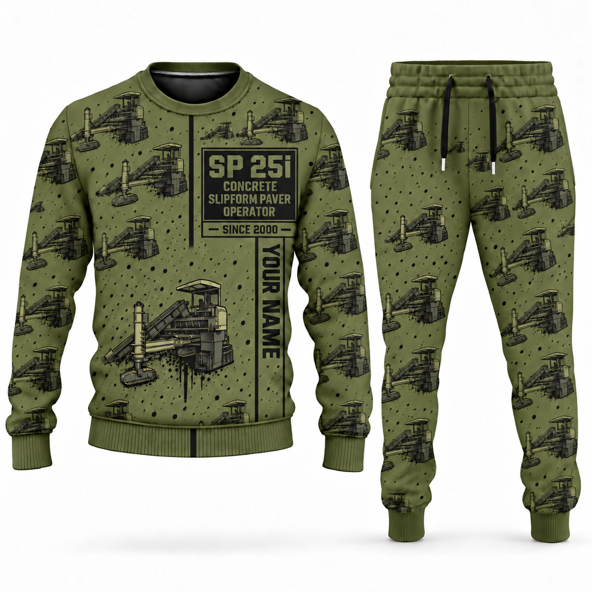Personalized SP 25i Concrete Slipform Paver Operator Combo Sweater + Jogger in olive, sweater and jogger artwork with YOUR NAME and SINCE 2000 sample text.