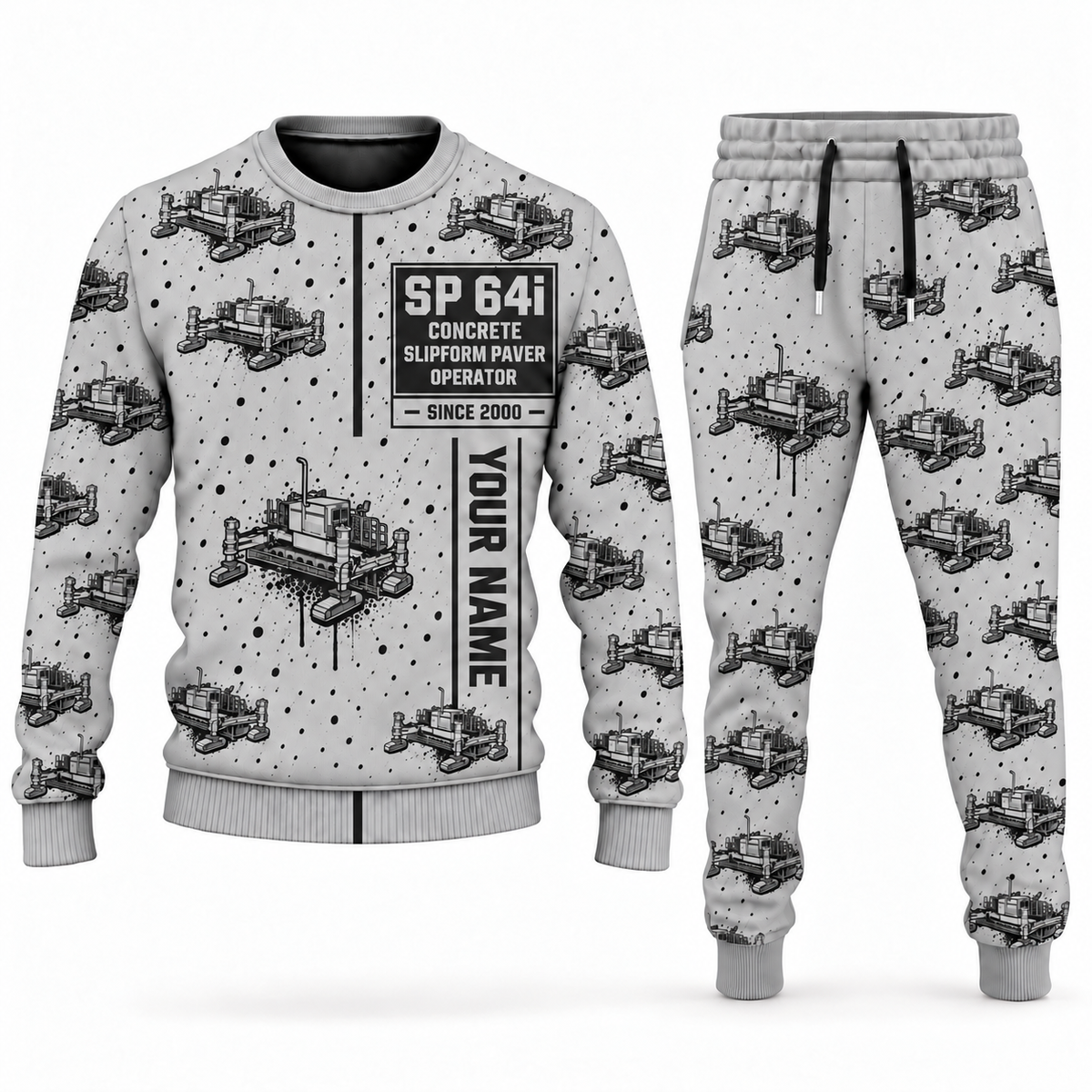 Personalized SP 64i Concrete Slipform Paver Operator Combo Sweater + Jogger in lightgray, sweater and jogger artwork with YOUR NAME and SINCE 2000 sample text.