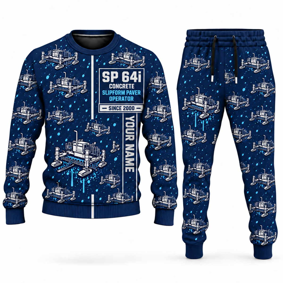 Personalized SP 64i Concrete Slipform Paver Operator Combo Sweater + Jogger in navy, sweater and jogger artwork with YOUR NAME and SINCE 2000 sample text.
