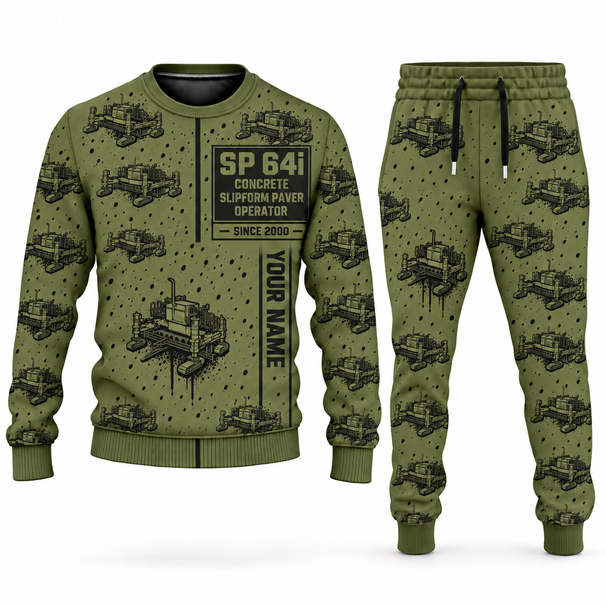 Personalized SP 64i Concrete Slipform Paver Operator Combo Sweater + Jogger in olive, sweater and jogger artwork with YOUR NAME and SINCE 2000 sample text.