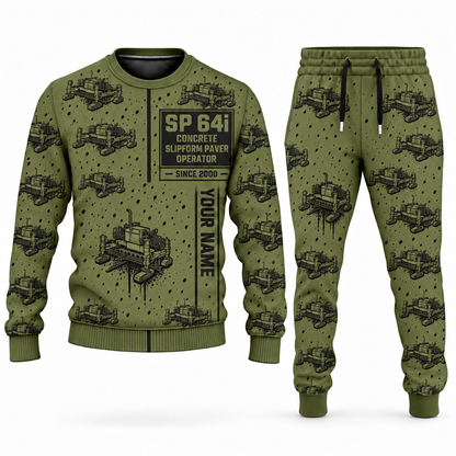 Personalized SP 64i Concrete Slipform Paver Operator Combo Sweater + Jogger in olive, sweater and jogger artwork with YOUR NAME and SINCE 2000 sample text.
