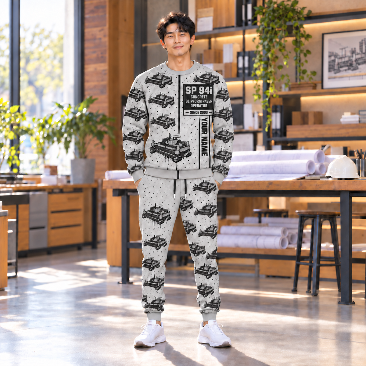 Personalized SP 94i Concrete Slipform Paver Operator Combo Sweater + Jogger in Light Gray, sweater and jogger artwork with YOUR NAME and SINCE 2000 sample text.