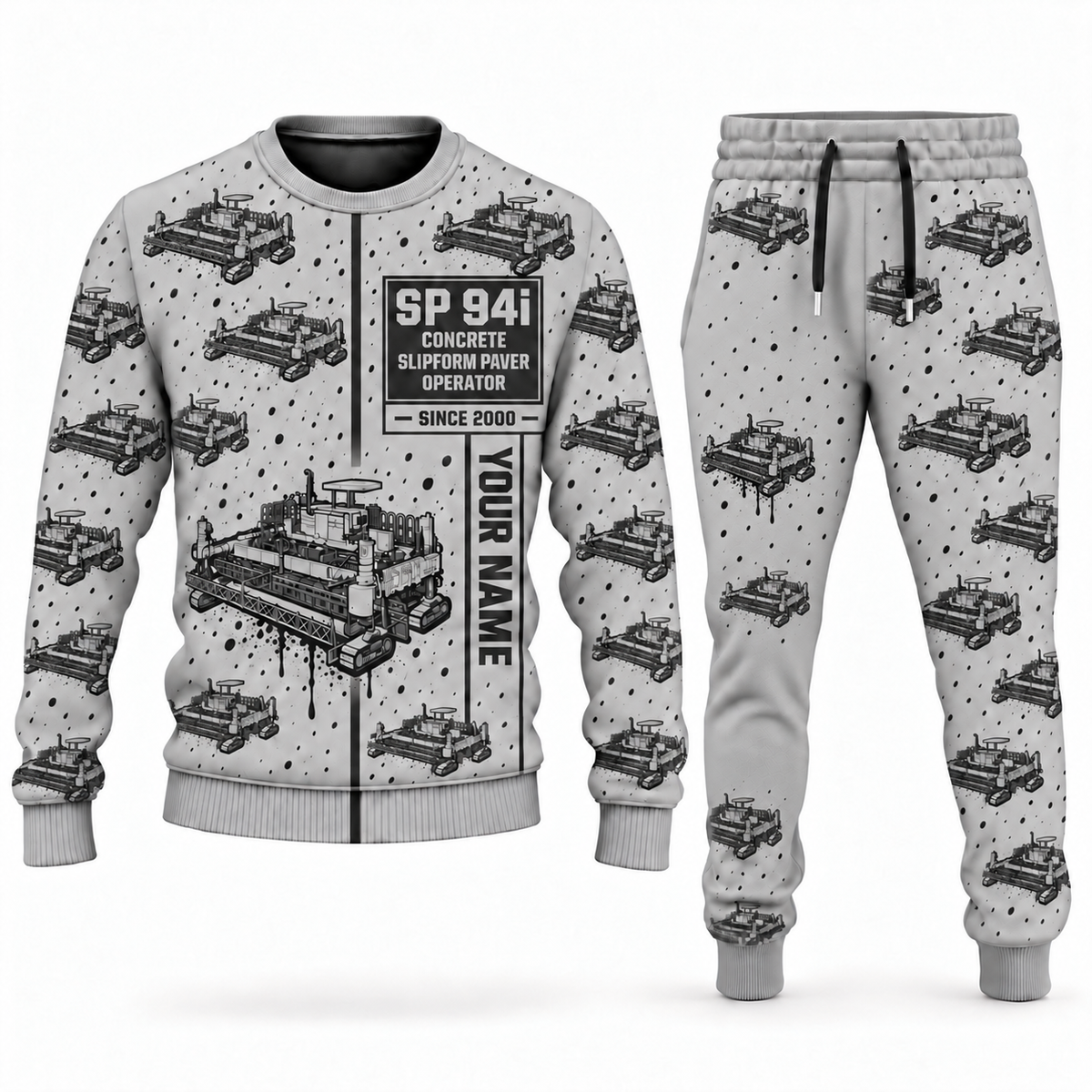 Personalized SP 94i Concrete Slipform Paver Operator Combo Sweater + Jogger in lightgray, sweater and jogger artwork with YOUR NAME and SINCE 2000 sample text.