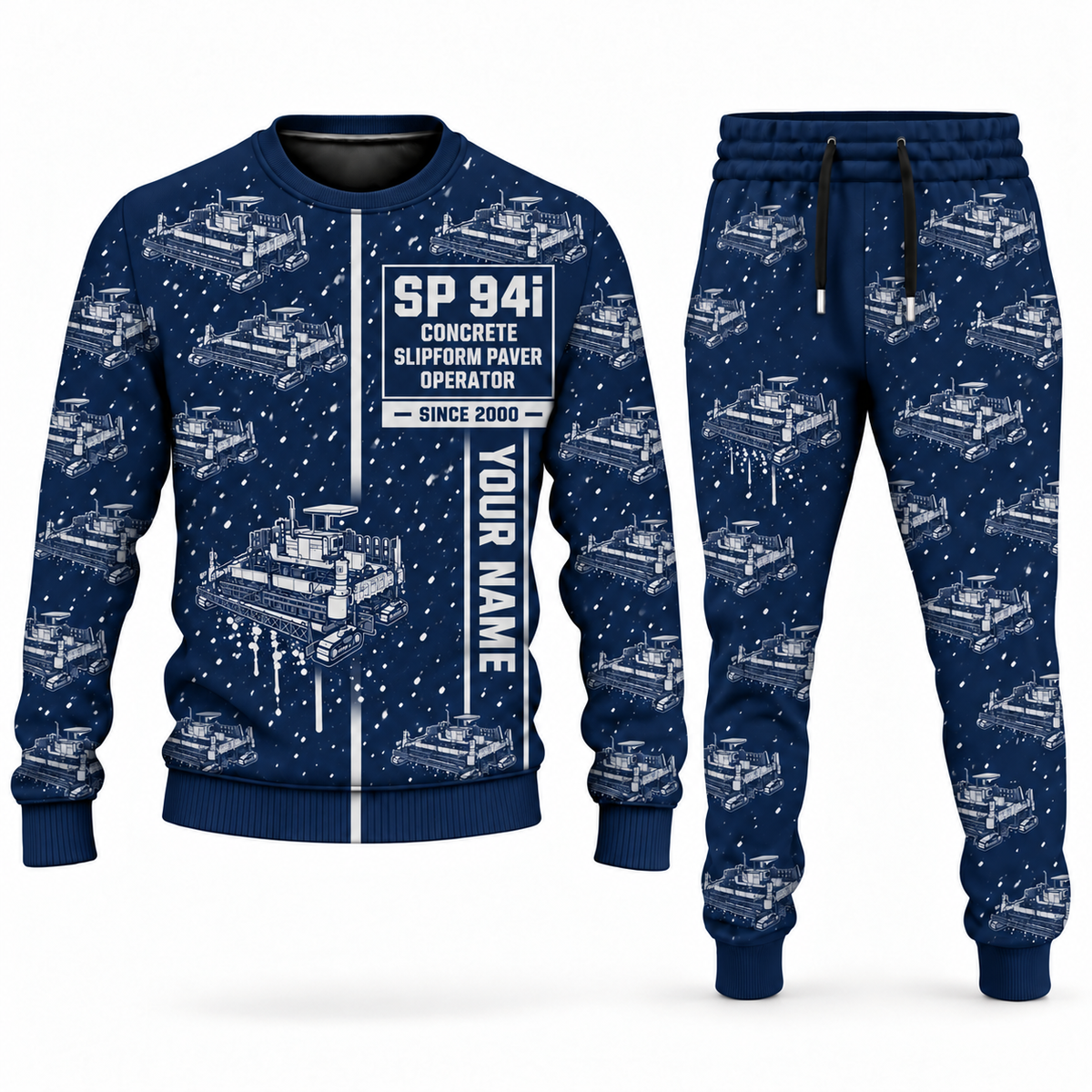 Personalized SP 94i Concrete Slipform Paver Operator Combo Sweater + Jogger in navy, sweater and jogger artwork with YOUR NAME and SINCE 2000 sample text.