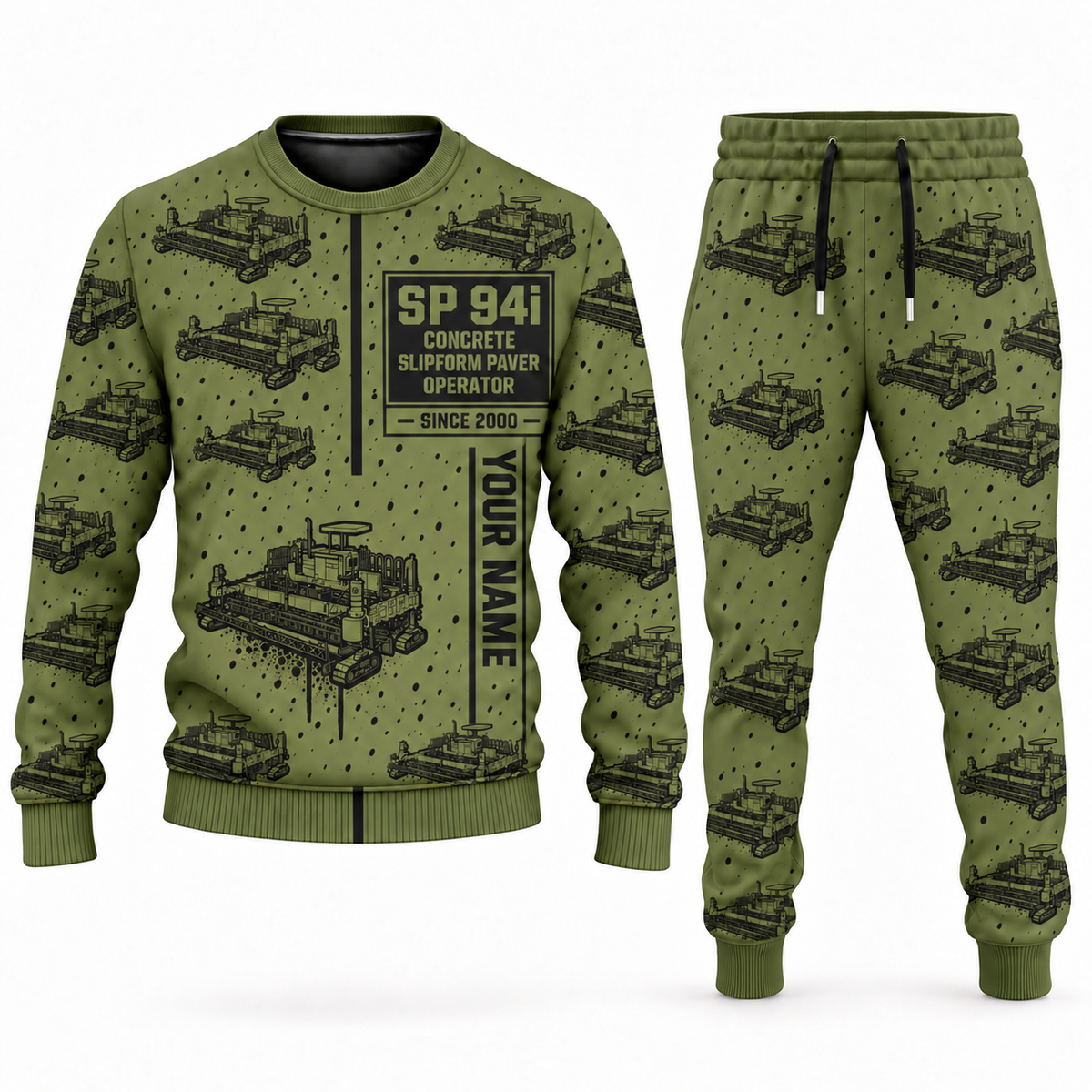 Personalized SP 94i Concrete Slipform Paver Operator Combo Sweater + Jogger in olive, sweater and jogger artwork with YOUR NAME and SINCE 2000 sample text.