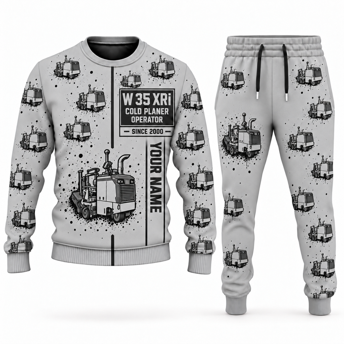 Personalized W 35 XRi Cold Planer Operator Combo Sweater + Jogger in lightgray, sweater and jogger artwork with YOUR NAME and SINCE 2000 sample text.