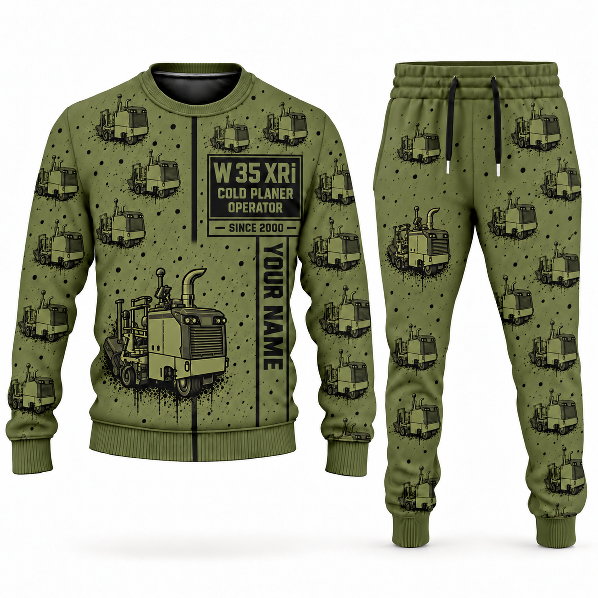 Personalized W 35 XRi Cold Planer Operator Combo Sweater + Jogger in olive, sweater and jogger artwork with YOUR NAME and SINCE 2000 sample text.