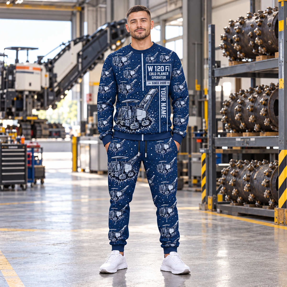 Personalized W 120 Fi Cold Planer Operator Combo Sweater + Jogger in Navy, sweater and jogger artwork with YOUR NAME and SINCE 2000 sample text.