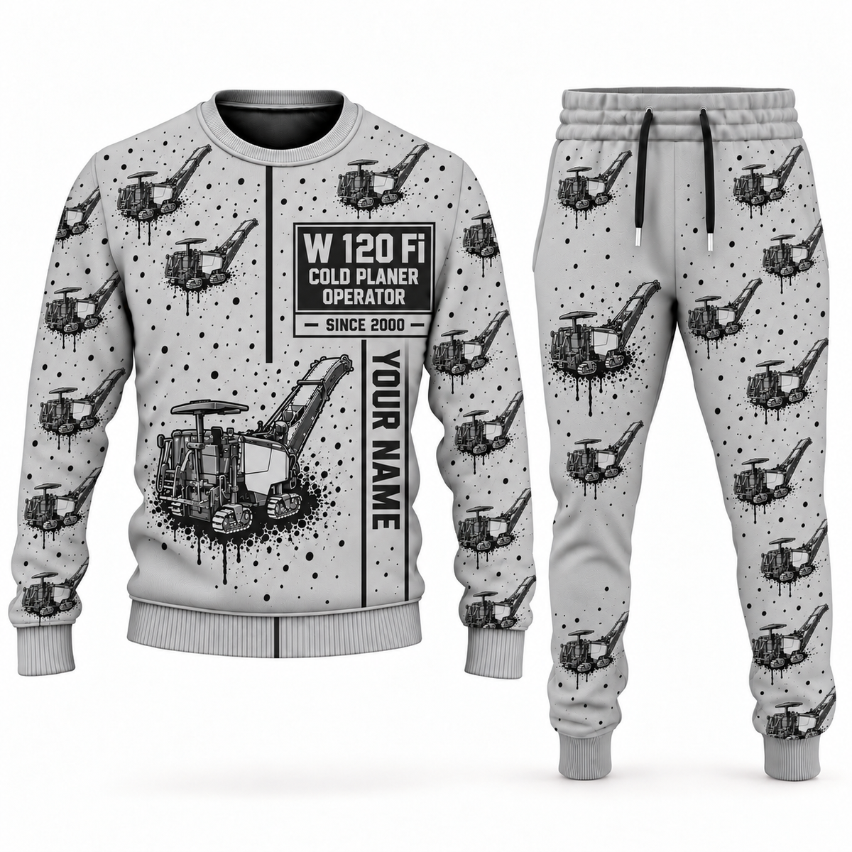 Personalized W 120 Fi Cold Planer Operator Combo Sweater + Jogger in lightgray, sweater and jogger artwork with YOUR NAME and SINCE 2000 sample text.