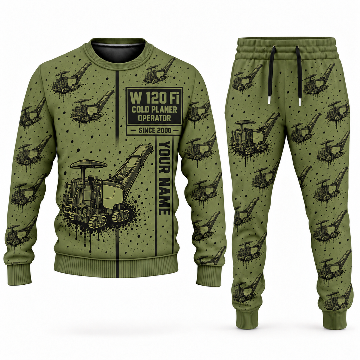 Personalized W 120 Fi Cold Planer Operator Combo Sweater + Jogger in olive, sweater and jogger artwork with YOUR NAME and SINCE 2000 sample text.