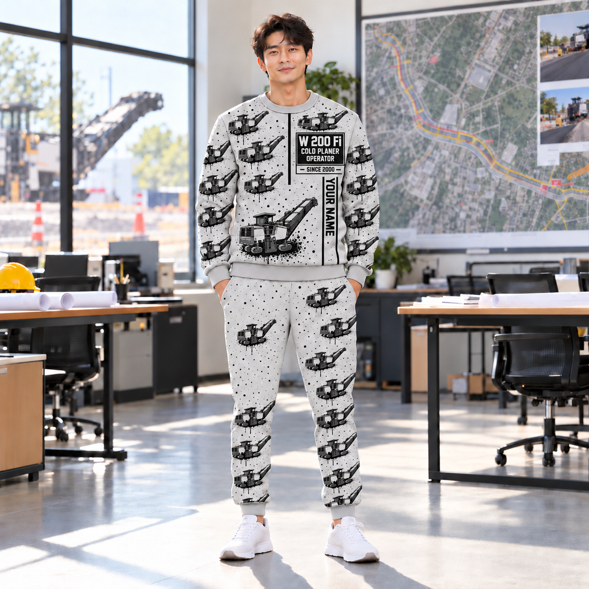 Personalized W 200 Fi Cold Planer Operator Combo Sweater + Jogger in Light Gray, sweater and jogger artwork with YOUR NAME and SINCE 2000 sample text.