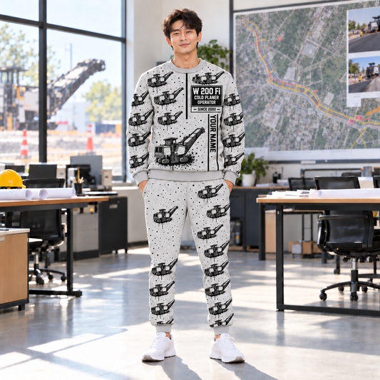 Personalized W 200 Fi Cold Planer Operator Combo Sweater + Jogger in Light Gray, sweater and jogger artwork with YOUR NAME and SINCE 2000 sample text.