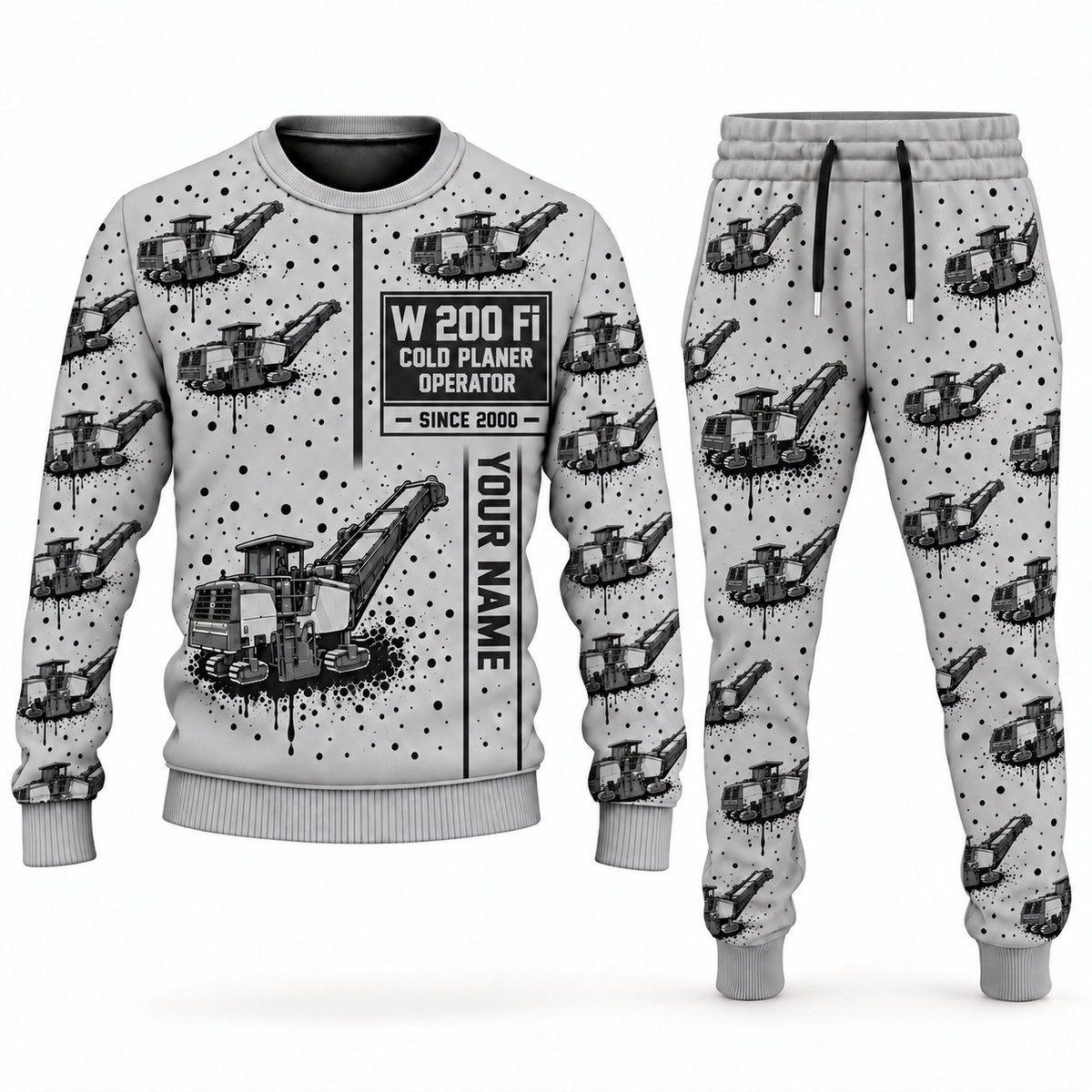 Personalized W 200 Fi Cold Planer Operator Combo Sweater + Jogger in lightgray, sweater and jogger artwork with YOUR NAME and SINCE 2000 sample text.