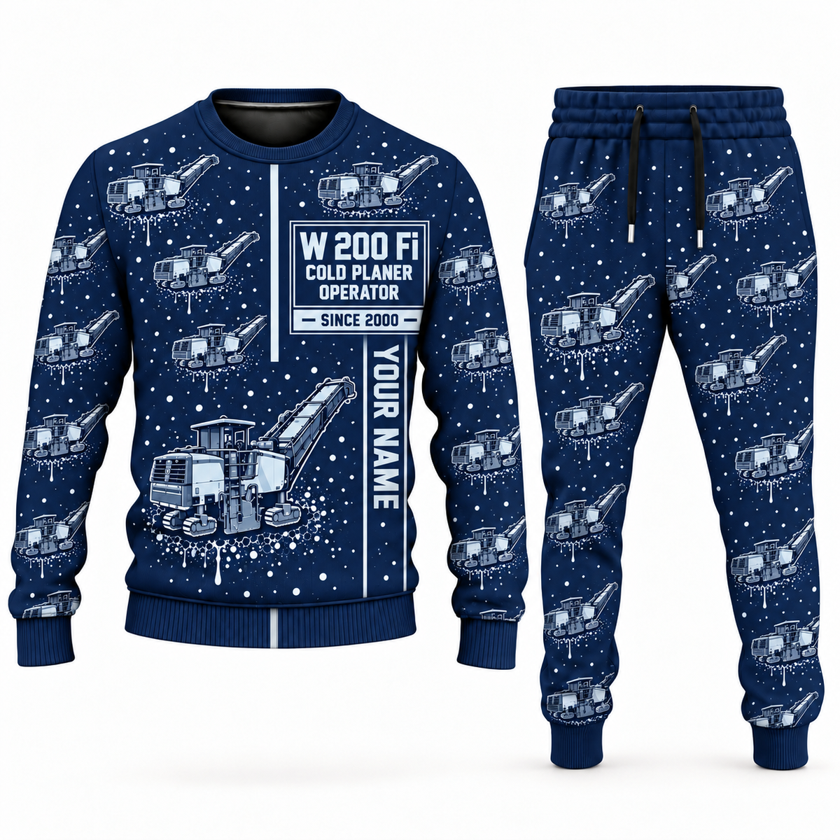 Personalized W 200 Fi Cold Planer Operator Combo Sweater + Jogger in navy, sweater and jogger artwork with YOUR NAME and SINCE 2000 sample text.