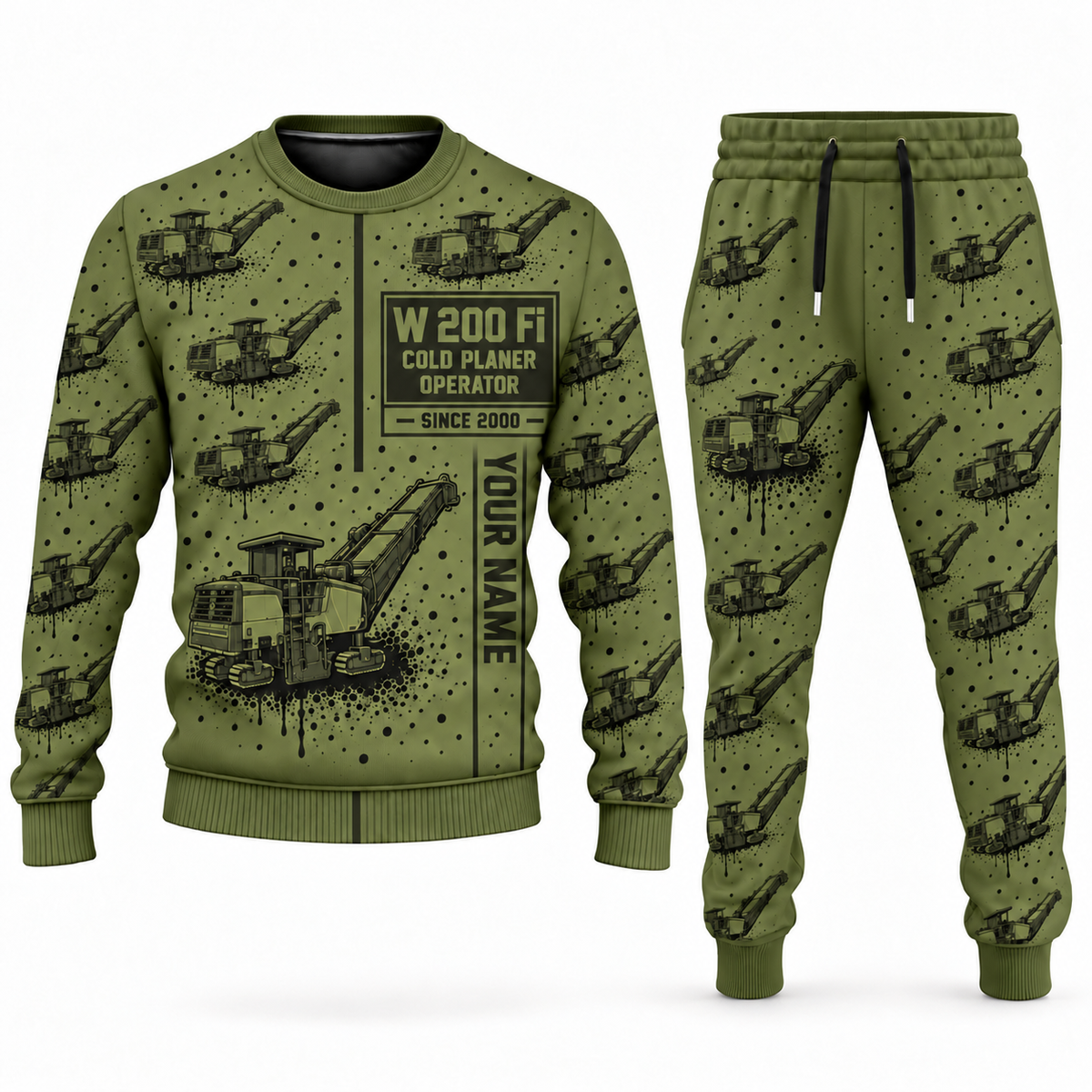 Personalized W 200 Fi Cold Planer Operator Combo Sweater + Jogger in olive, sweater and jogger artwork with YOUR NAME and SINCE 2000 sample text.