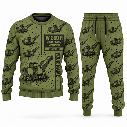 Personalized W 200 Fi Cold Planer Operator Combo Sweater + Jogger in olive, sweater and jogger artwork with YOUR NAME and SINCE 2000 sample text.
