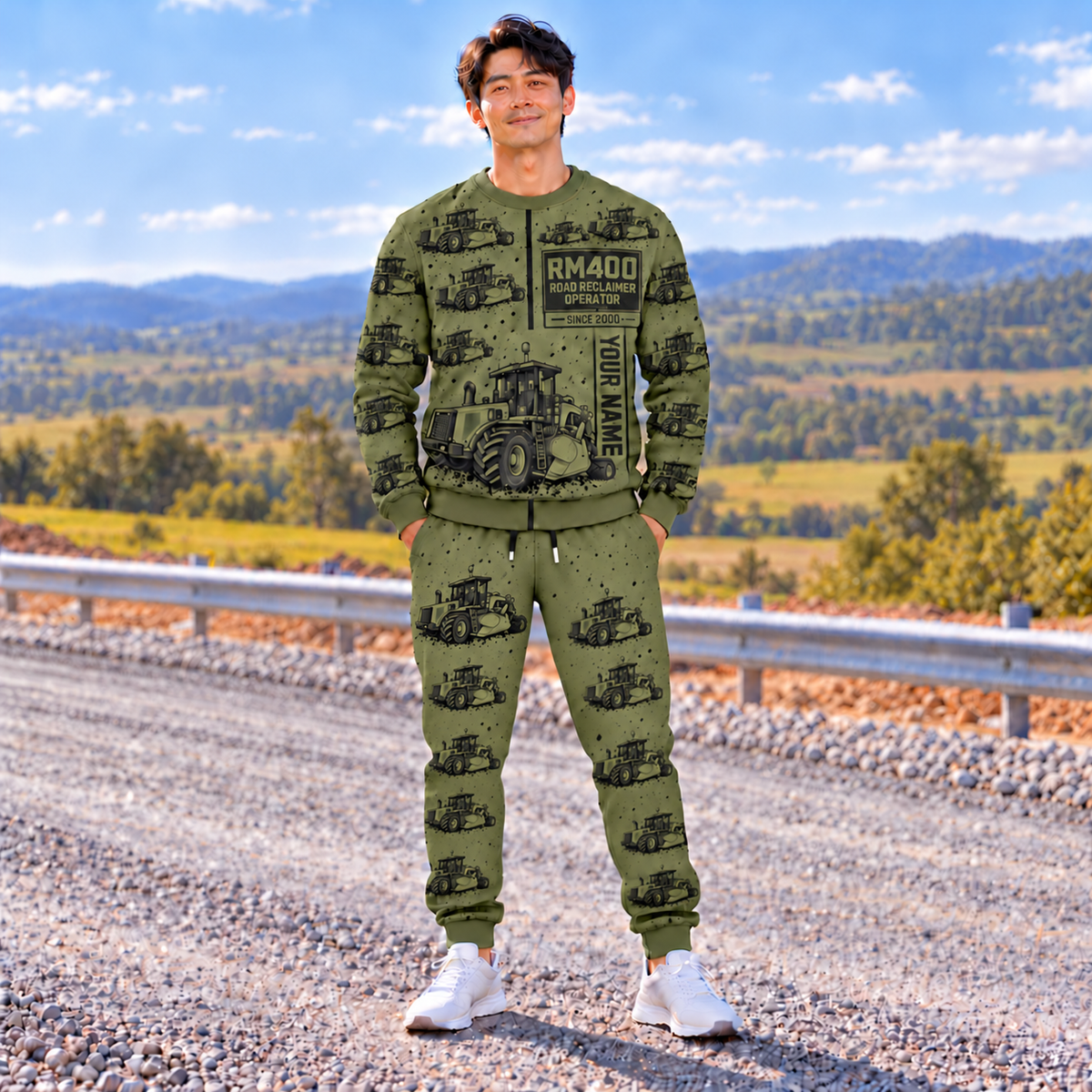 Personalized RM400 Road Reclaimer Operator Combo Sweater + Jogger in Olive, sweater and jogger artwork with YOUR NAME and SINCE 2000 sample text.