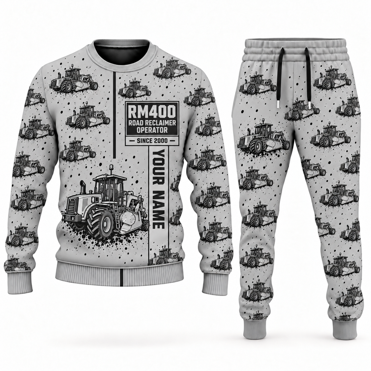 Personalized RM400 Road Reclaimer Operator Combo Sweater + Jogger in lightgray, sweater and jogger artwork with YOUR NAME and SINCE 2000 sample text.