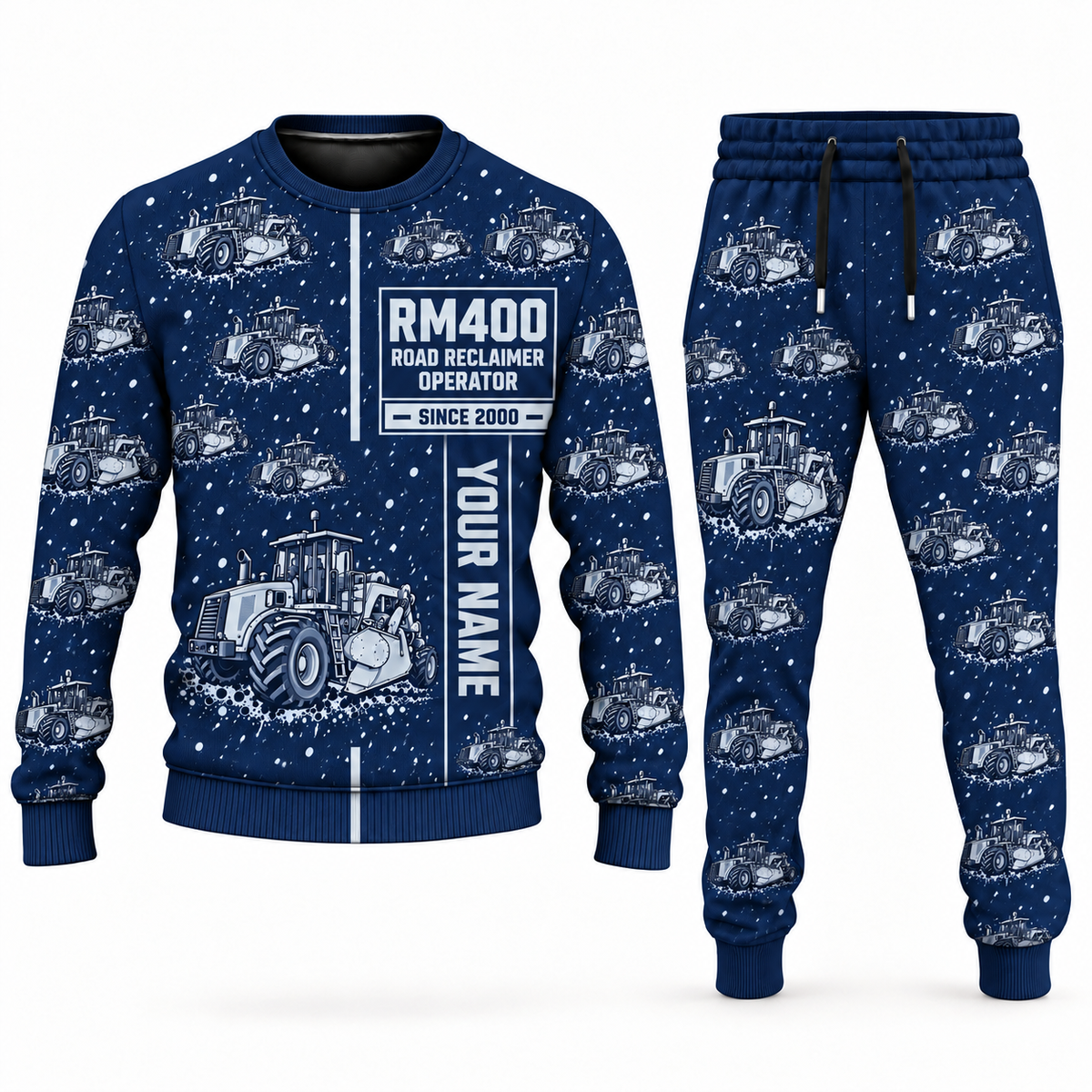 Personalized RM400 Road Reclaimer Operator Combo Sweater + Jogger in navy, sweater and jogger artwork with YOUR NAME and SINCE 2000 sample text.
