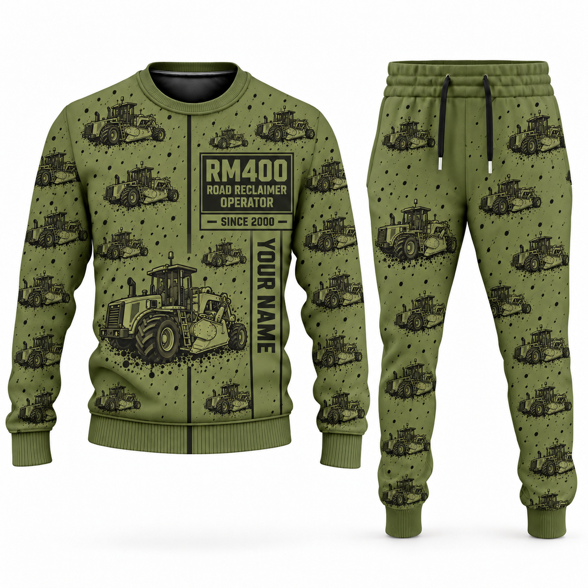 Personalized RM400 Road Reclaimer Operator Combo Sweater + Jogger in olive, sweater and jogger artwork with YOUR NAME and SINCE 2000 sample text.