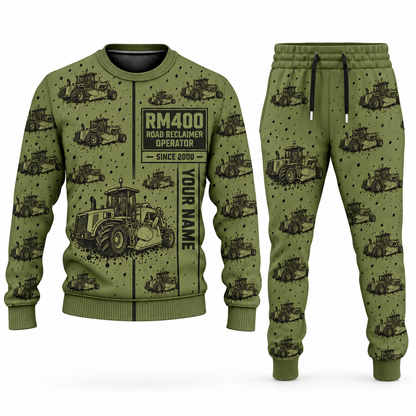 Personalized RM400 Road Reclaimer Operator Combo Sweater + Jogger in olive, sweater and jogger artwork with YOUR NAME and SINCE 2000 sample text.