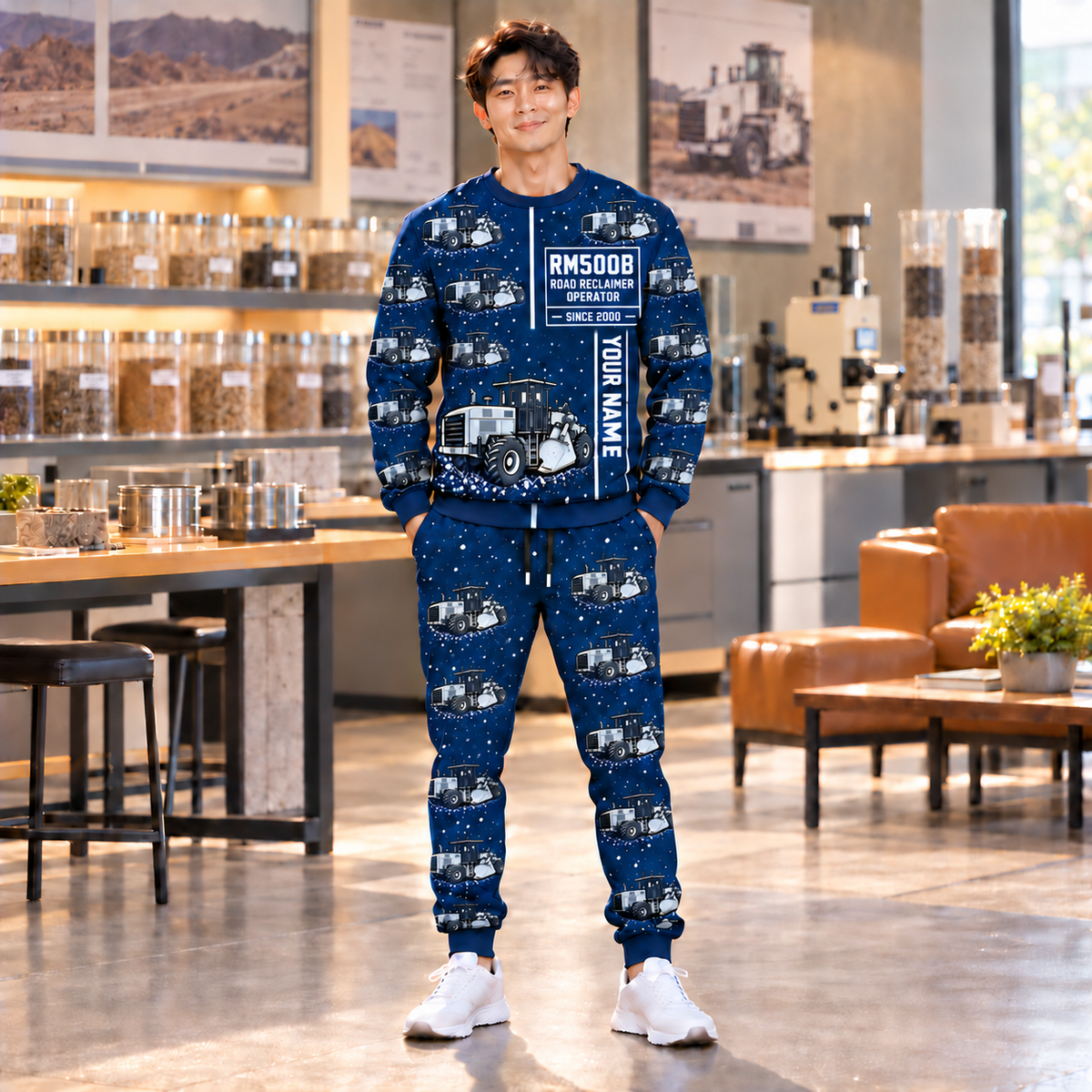 Personalized RM500B Road Reclaimer Operator Combo Sweater + Jogger in Navy, sweater and jogger artwork with YOUR NAME and SINCE 2000 sample text.
