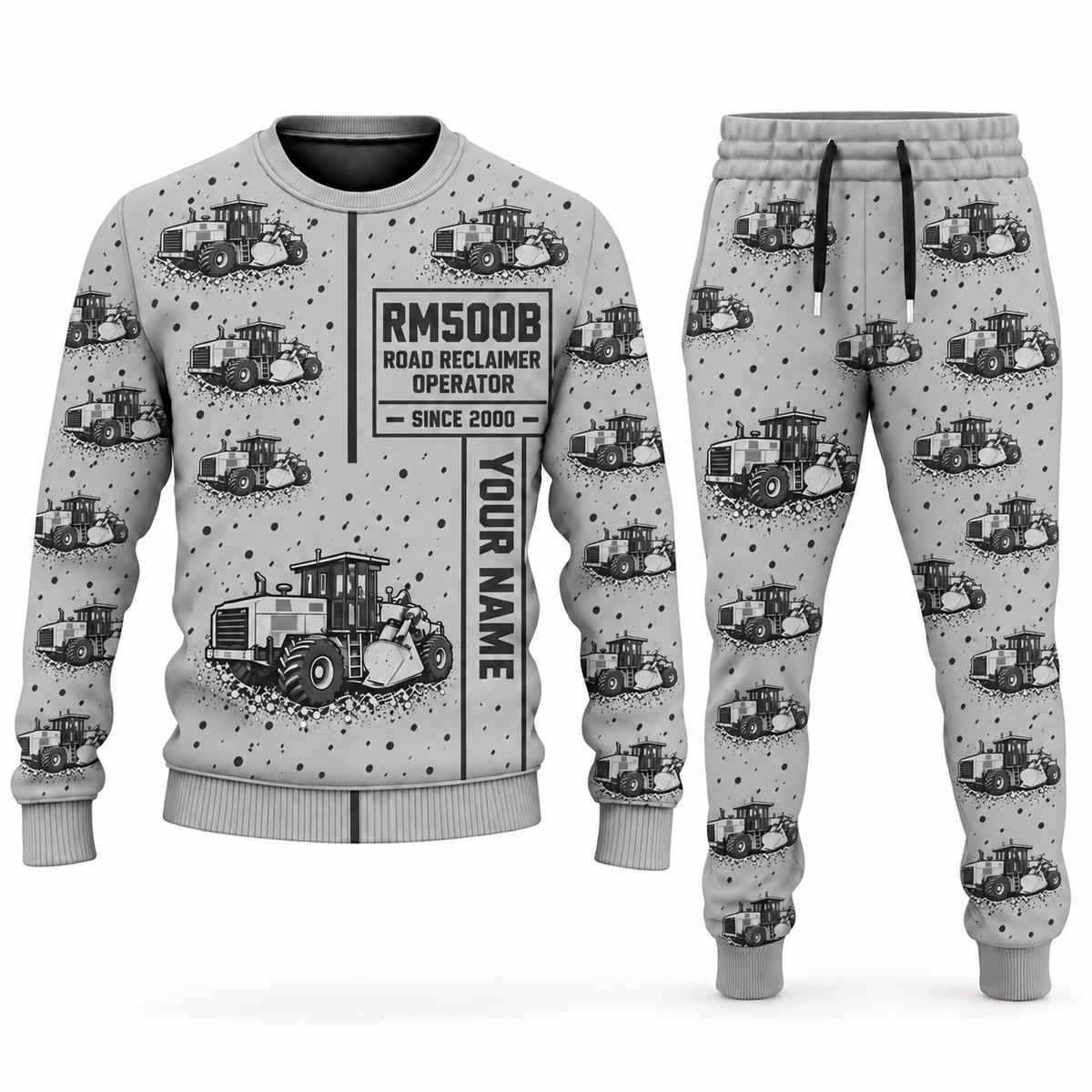 Personalized RM500B Road Reclaimer Operator Combo Sweater + Jogger in lightgray, sweater and jogger artwork with YOUR NAME and SINCE 2000 sample text.