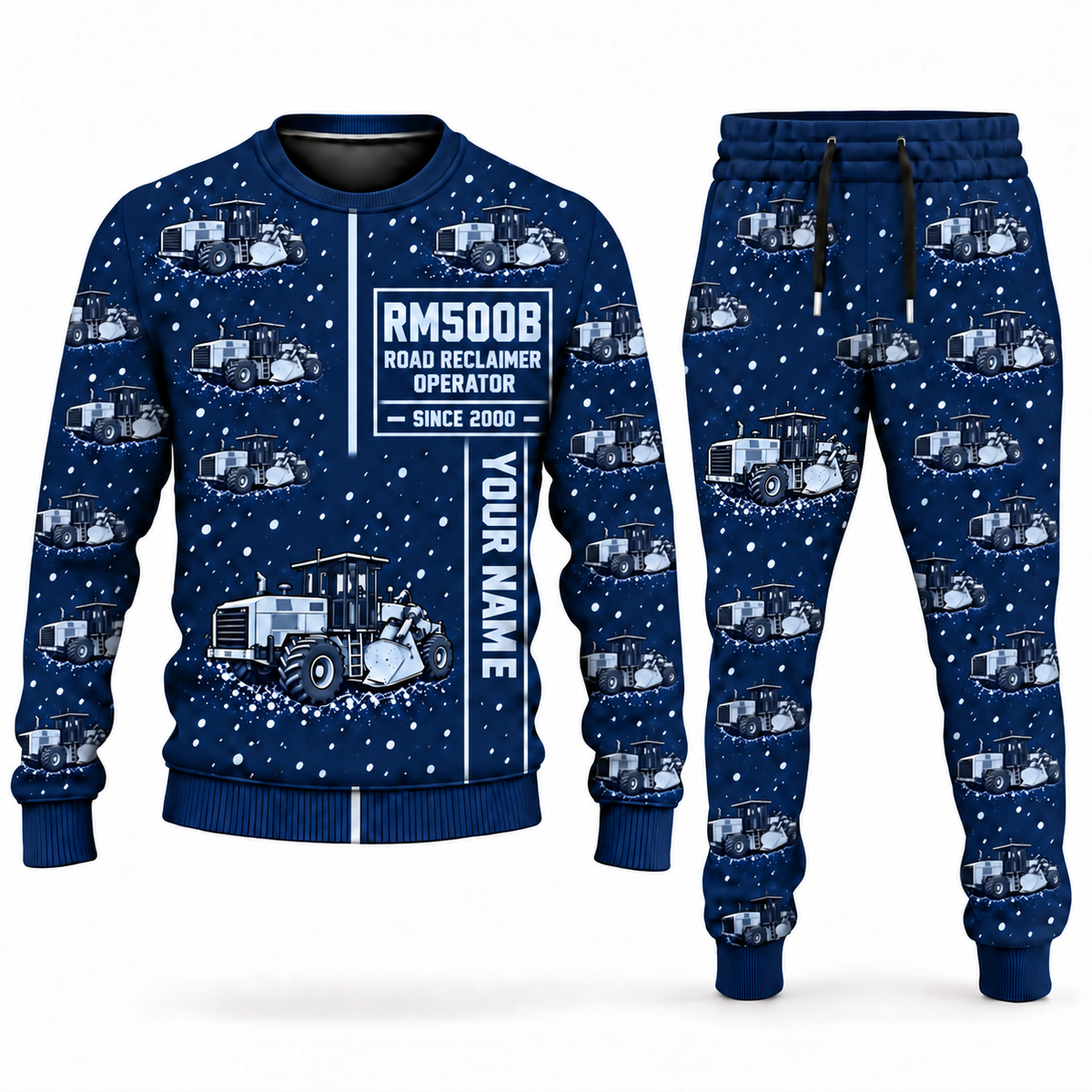 Personalized RM500B Road Reclaimer Operator Combo Sweater + Jogger in navy, sweater and jogger artwork with YOUR NAME and SINCE 2000 sample text.