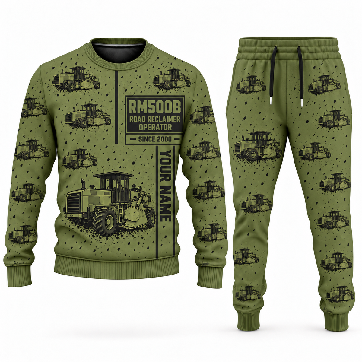 Personalized RM500B Road Reclaimer Operator Combo Sweater + Jogger in olive, sweater and jogger artwork with YOUR NAME and SINCE 2000 sample text.