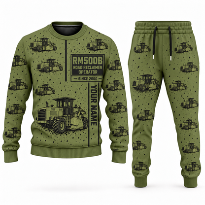 Personalized RM500B Road Reclaimer Operator Combo Sweater + Jogger in olive, sweater and jogger artwork with YOUR NAME and SINCE 2000 sample text.