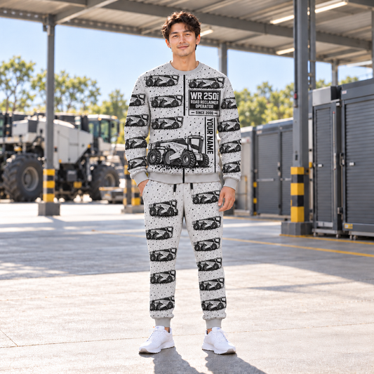 Personalized WR 250i Road Reclaimer Operator Combo Sweater + Jogger in Light Gray, sweater and jogger artwork with YOUR NAME and SINCE 2000 sample text.