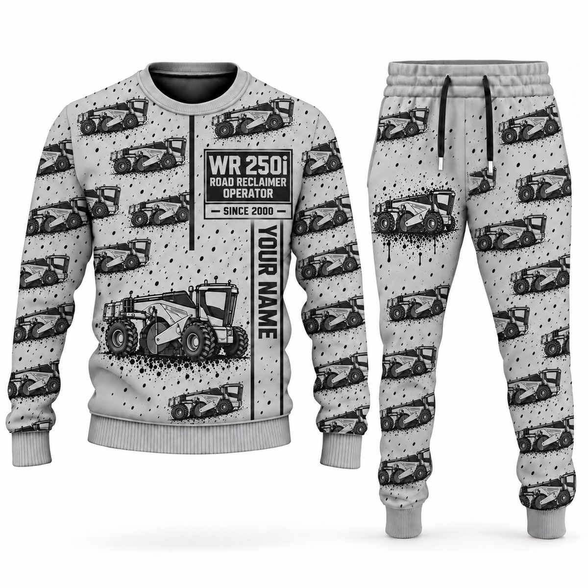 Personalized WR 250i Road Reclaimer Operator Combo Sweater + Jogger in lightgray, sweater and jogger artwork with YOUR NAME and SINCE 2000 sample text.