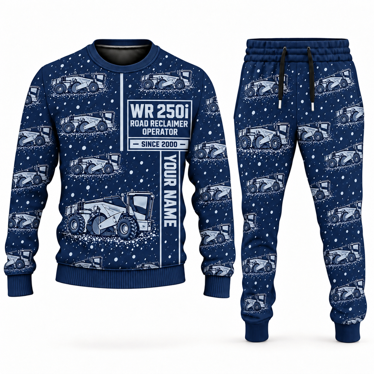 Personalized WR 250i Road Reclaimer Operator Combo Sweater + Jogger in navy, sweater and jogger artwork with YOUR NAME and SINCE 2000 sample text.