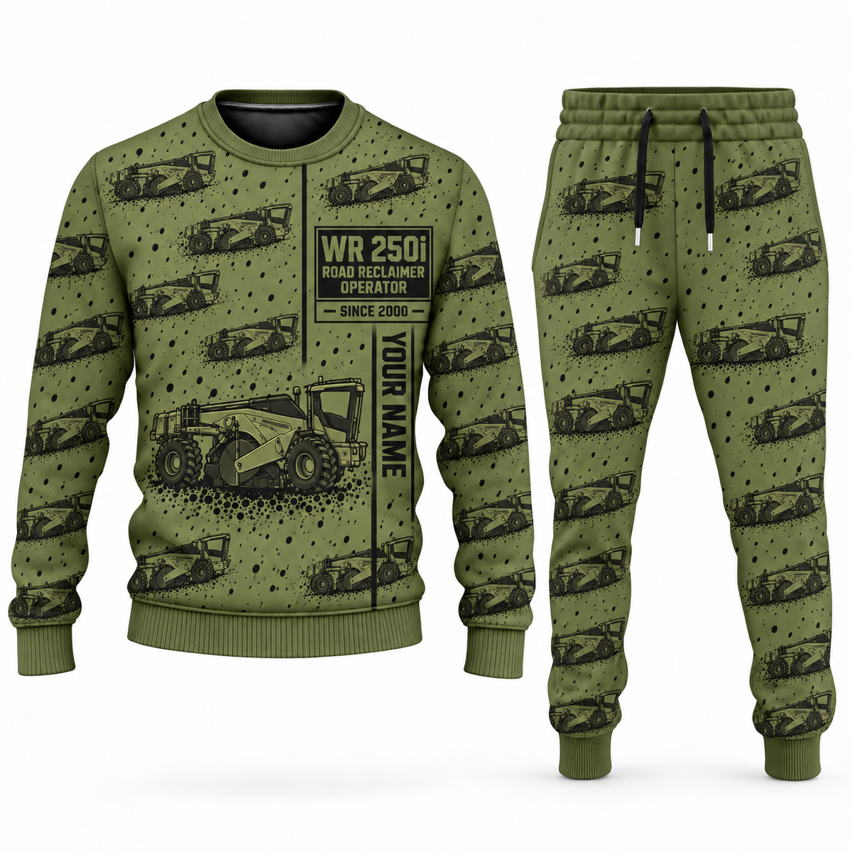 Personalized WR 250i Road Reclaimer Operator Combo Sweater + Jogger in olive, sweater and jogger artwork with YOUR NAME and SINCE 2000 sample text.