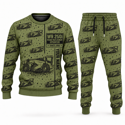 Personalized WR 250i Road Reclaimer Operator Combo Sweater + Jogger in olive, sweater and jogger artwork with YOUR NAME and SINCE 2000 sample text.
